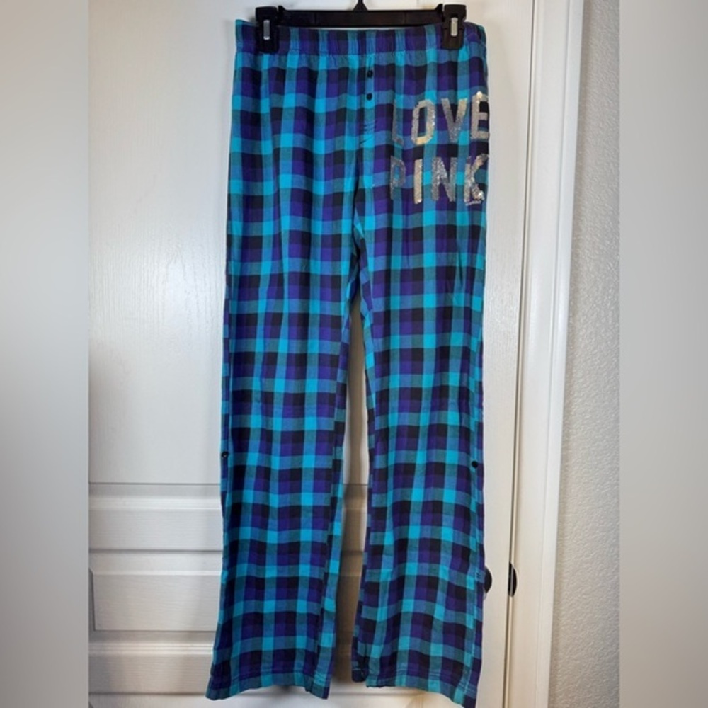 Victoria's Secret Plaid Teal Purple VS Pajama Pants Sequin Size XS EUC #5974